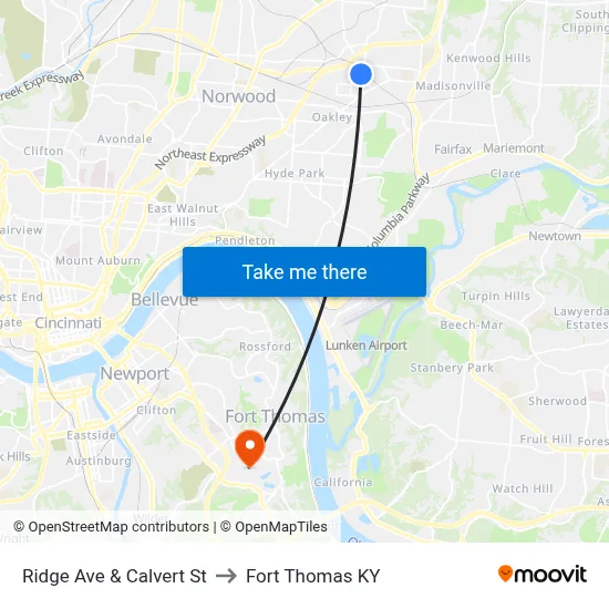 Ridge Ave & Calvert St to Fort Thomas KY map