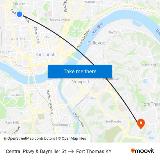 Central Pkwy & Baymiller St to Fort Thomas KY map