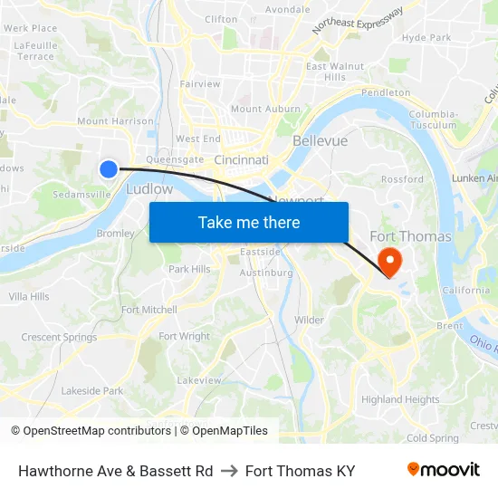 Hawthorne Ave & Bassett Rd to Fort Thomas KY map