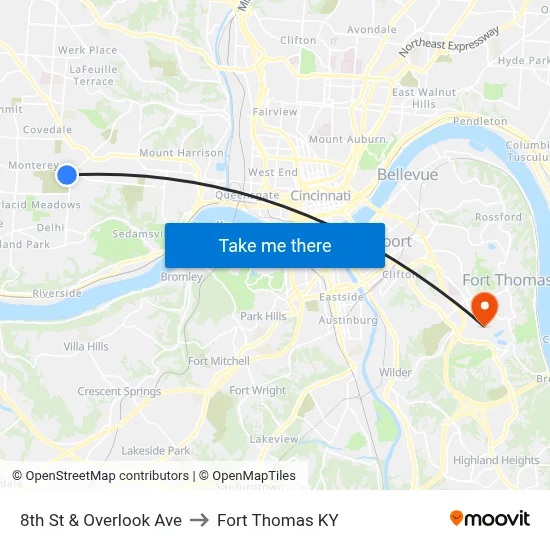 8th St & Overlook Ave to Fort Thomas KY map