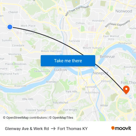 Glenway Ave & Werk Rd to Fort Thomas KY map