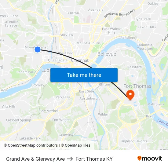 Grand Ave & Glenway Ave to Fort Thomas KY map