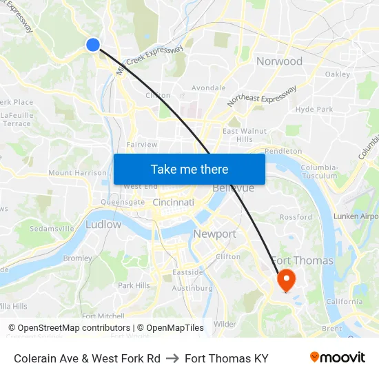 Colerain Ave & West Fork Rd to Fort Thomas KY map