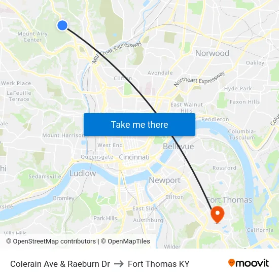 Colerain Ave & Raeburn Dr to Fort Thomas KY map