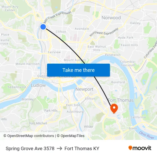 Spring Grove Ave 3578 to Fort Thomas KY map