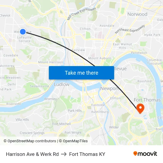Harrison Ave & Werk Rd to Fort Thomas KY map