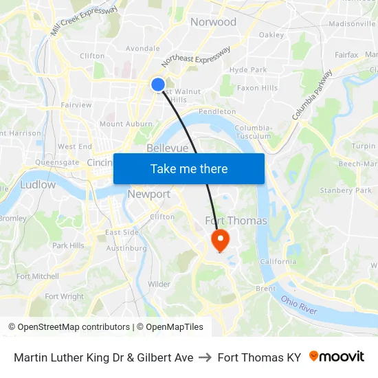 Martin Luther King Dr & Gilbert Ave to Fort Thomas KY map