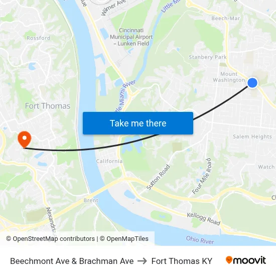 Beechmont Ave & Brachman Ave to Fort Thomas KY map