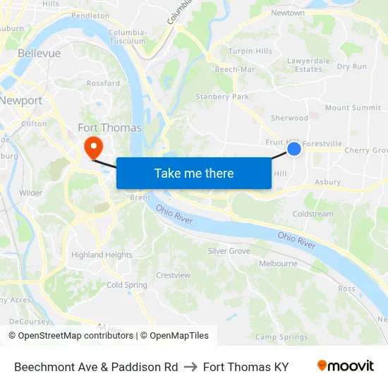 Beechmont Ave & Paddison Rd to Fort Thomas KY map
