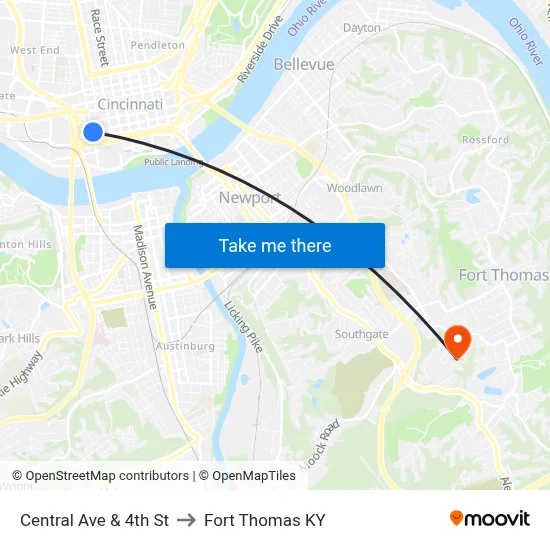 Central Ave & 4th St to Fort Thomas KY map