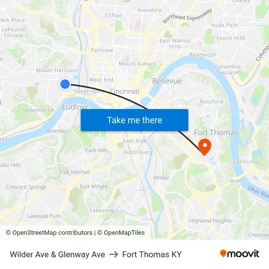 Wilder Ave & Glenway Ave to Fort Thomas KY map
