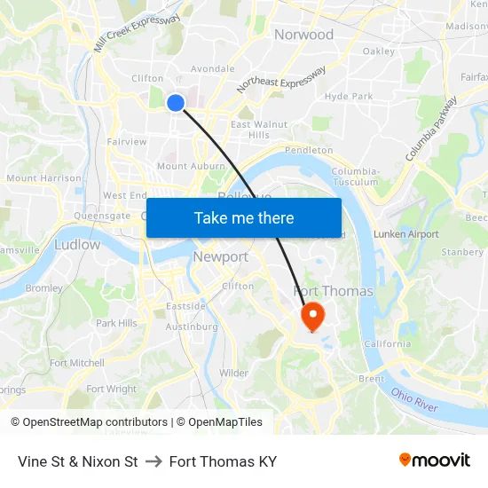 Vine St & Nixon St to Fort Thomas KY map
