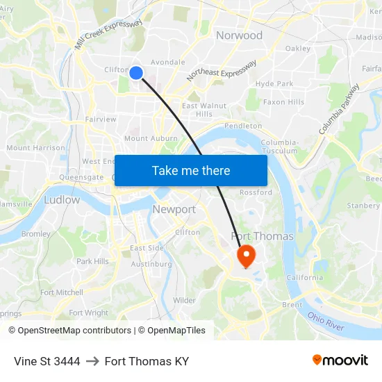 Vine St 3444 to Fort Thomas KY map
