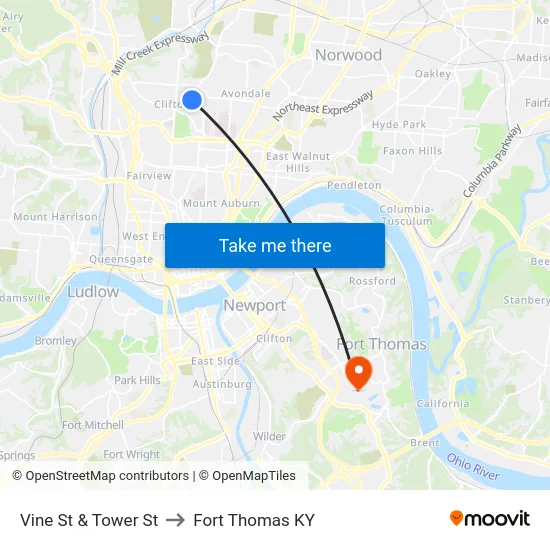 Vine St & Tower St to Fort Thomas KY map