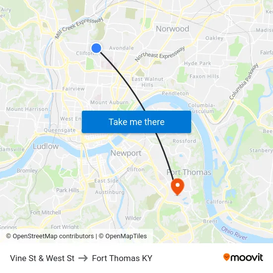 Vine St & West St to Fort Thomas KY map
