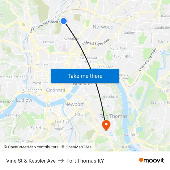 Vine St & Kessler Ave to Fort Thomas KY map