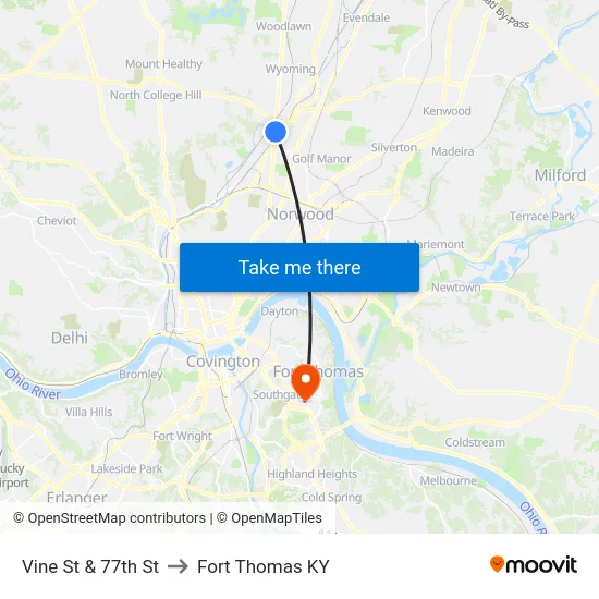 Vine St & 77th St to Fort Thomas KY map