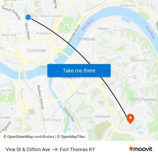 Vine St & Clifton Ave to Fort Thomas KY map