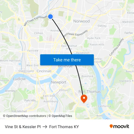 Vine St & Kessler Pl to Fort Thomas KY map