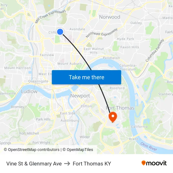 Vine St & Glenmary Ave to Fort Thomas KY map