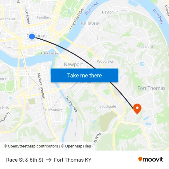 Race St & 6th St to Fort Thomas KY map