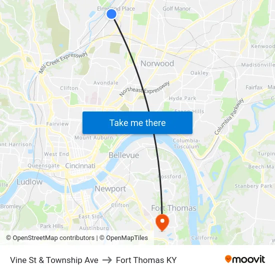 Vine St & Township Ave to Fort Thomas KY map