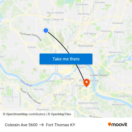 Colerain Ave 5600 to Fort Thomas KY map
