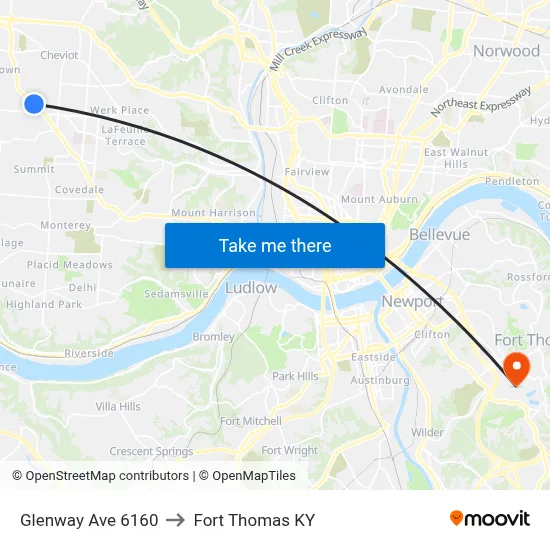 Glenway Ave 6160 to Fort Thomas KY map