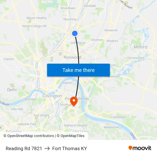 Reading Rd 7821 to Fort Thomas KY map