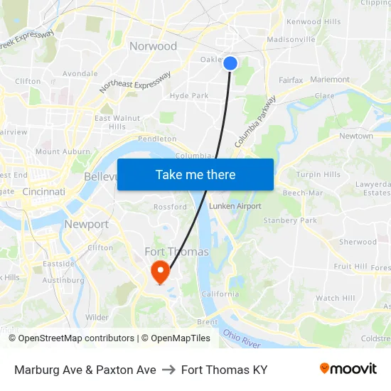 Marburg Ave & Paxton Ave to Fort Thomas KY map