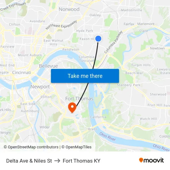 Delta Ave & Niles St to Fort Thomas KY map