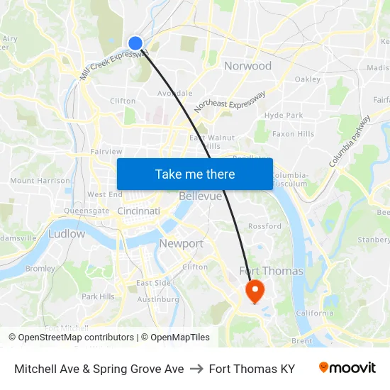 Mitchell Ave & Spring Grove Ave to Fort Thomas KY map