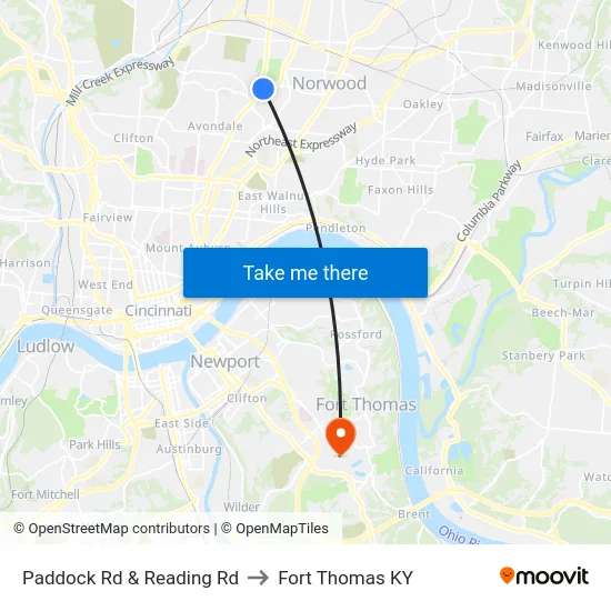Paddock Rd & Reading Rd to Fort Thomas KY map