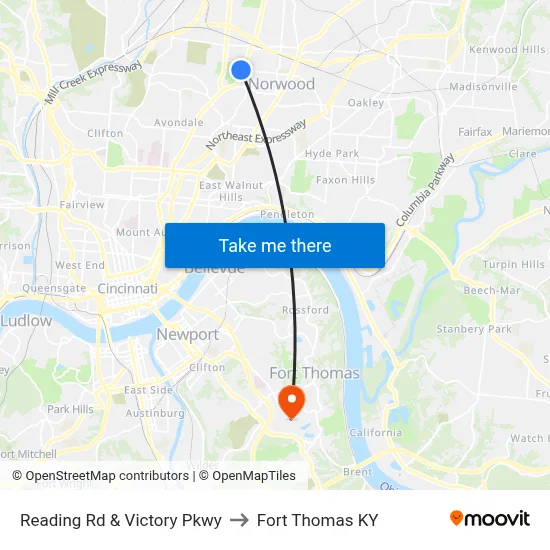 Reading Rd & Victory Pkwy to Fort Thomas KY map