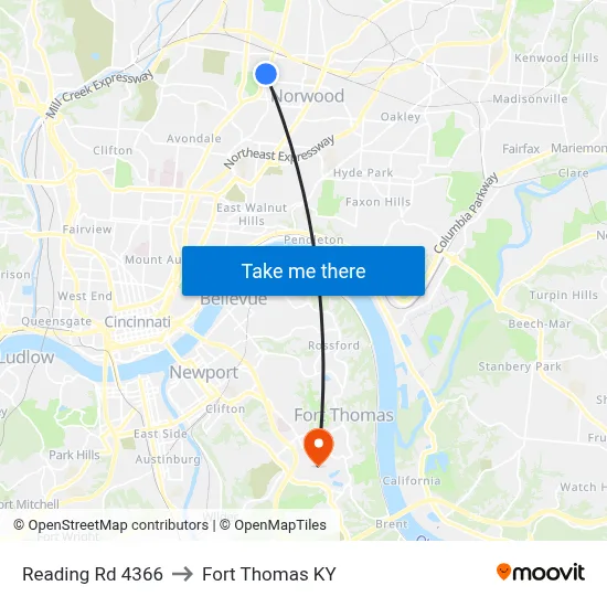 Reading Rd 4366 to Fort Thomas KY map