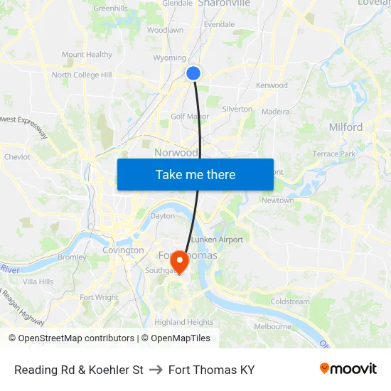 Reading Rd & Koehler St to Fort Thomas KY map