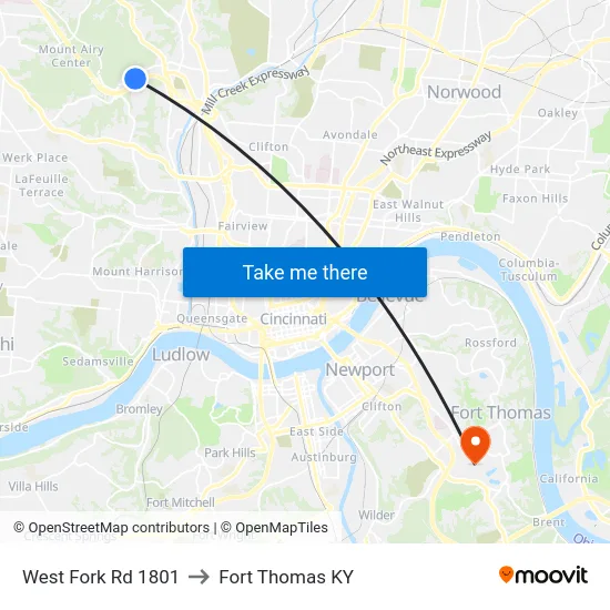 West Fork Rd 1801 to Fort Thomas KY map