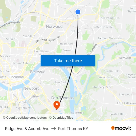 Ridge Ave & Acomb Ave to Fort Thomas KY map