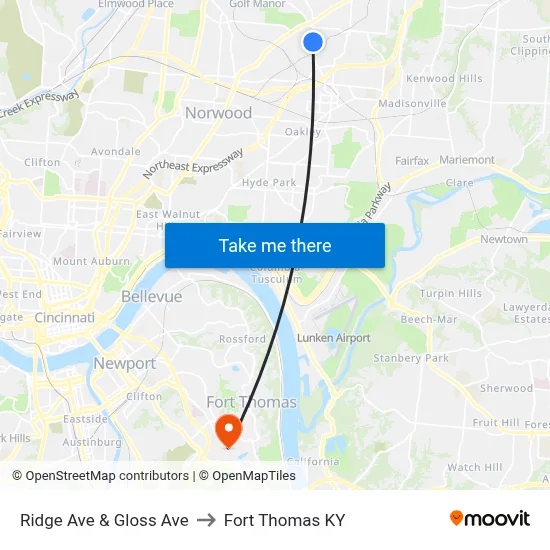 Ridge Ave & Gloss Ave to Fort Thomas KY map