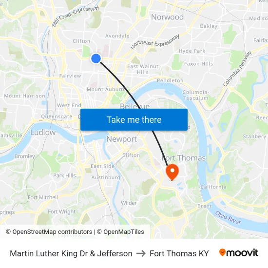 Martin Luther King Dr & Jefferson to Fort Thomas KY map