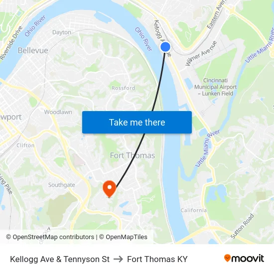 Kellogg Ave & Tennyson St to Fort Thomas KY map