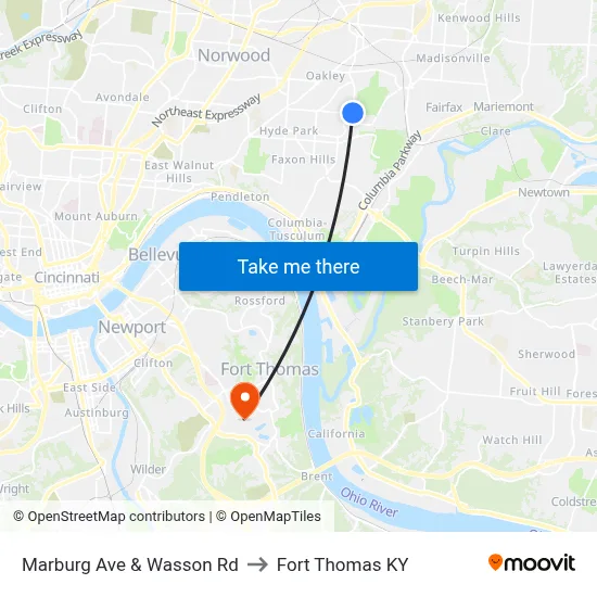 Marburg Ave & Wasson Rd to Fort Thomas KY map