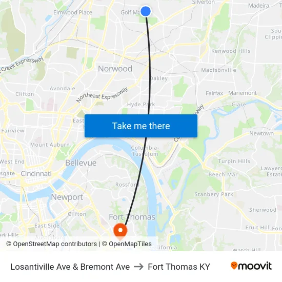 Losantiville Ave & Bremont Ave to Fort Thomas KY map