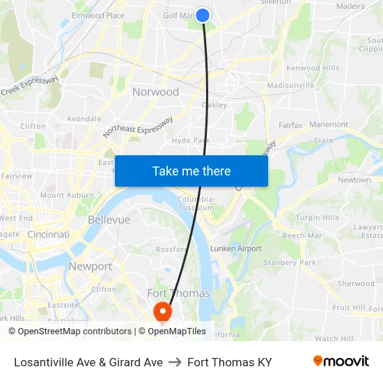 Losantiville Ave & Girard Ave to Fort Thomas KY map