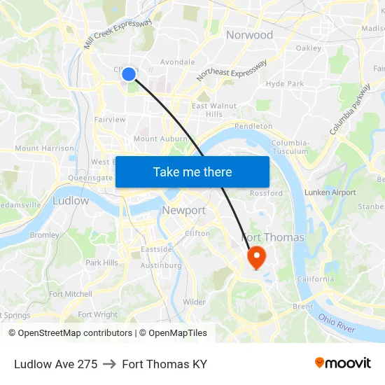 Ludlow Ave 275 to Fort Thomas KY map