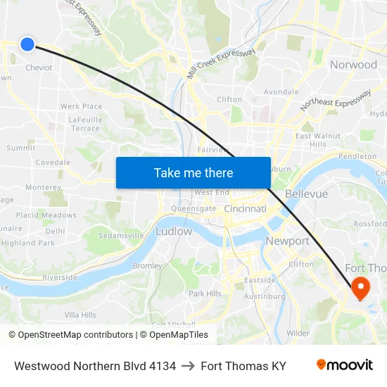 Westwood Northern Blvd 4134 to Fort Thomas KY map
