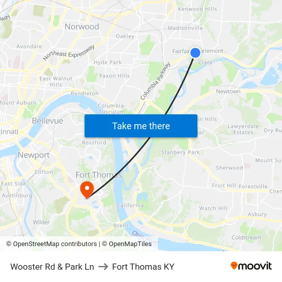 Wooster Rd & Park Ln to Fort Thomas KY map