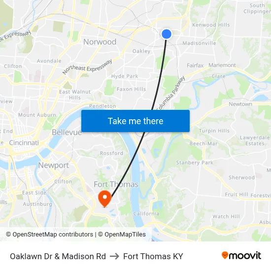 Oaklawn Dr & Madison Rd to Fort Thomas KY map