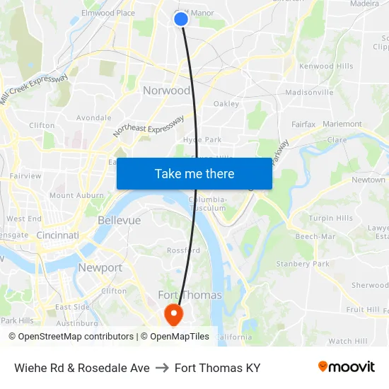 Wiehe Rd & Rosedale Ave to Fort Thomas KY map