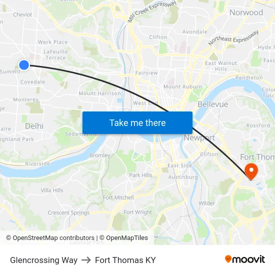 Glencrossing Way to Fort Thomas KY map